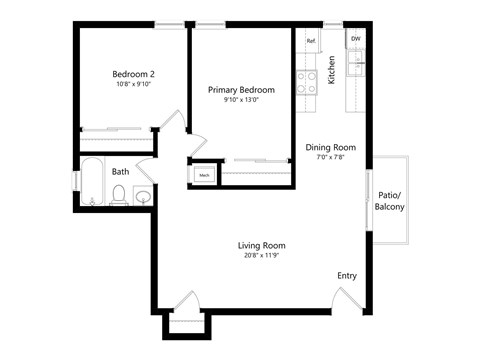 Floor plan for 2 beds, 1 bath, 825 sqft